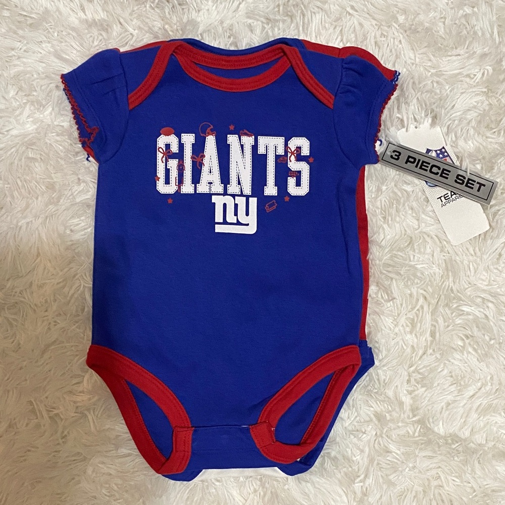 Red, White and Blue NY Giants Baby Onesie. Three Piece Set.